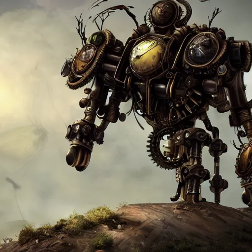 Image similar to very detailed epic steampunk mech cinematic realistic