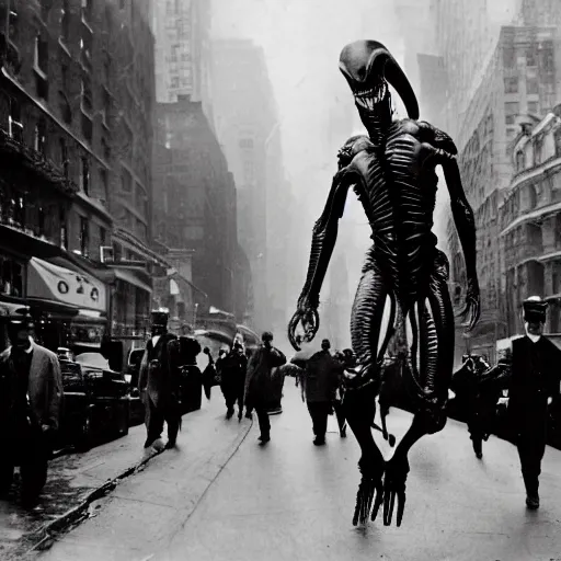 Image similar to old black and white photo, 1 9 1 3, depicting a xenomorph from the movie aliens rampaging through the bustling streets of new york city, historical record