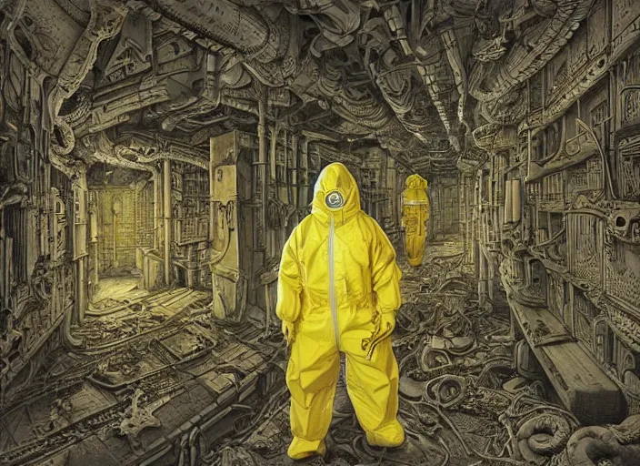 Prompt: a man in a yellow hazmat suit with a highly detailed Cthulhu Eldritch demon with many eyes and tentacles in an underground brutalist storeroom Innsmouth look. highly detailed, intricate, cinematic, wide angle, grime, symmetrical and centered, front facing camera, epic lighting, Unreal engine render in 8k by Szslaw Beksinski and Wayne Barlowe