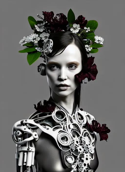 Image similar to monochrome 3 d model, biomechanical beautiful young female cyborg with porcelain profile face and a big floral eye, volumetric light, big leaves foliage and stems, hibiscus flowers, boho floral vines, sinuous fine roots, fine foliage lace, alexander mcqueen, rim light, gothic fashion pearl embroidered collar, steampunk, octane render, 8 k