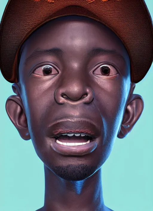 Prompt: portrait of an african boy wearing a baseball cap with wires and computer chips dangling from its inside, claymation style, art by shinya edaki & james jean, vfx art, volumetric lighting, dramatic lighting, ray tracing, colourful, digital painting, digital illustration, unreal engine render, sharp, intricate detail, behance, artstation, pinterest,