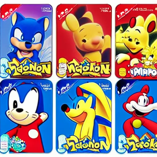 Image similar to photograph of winnie the pooh and super mario and sonic the hedgehog anime style, on pokemon card packs at target