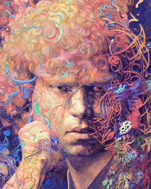Prompt: jim morrison surrounded by bright intricate patterns, painted by edgar maxence, edward hopper, wayne barlowe and james gilleard, airbrush, art by jamesjean