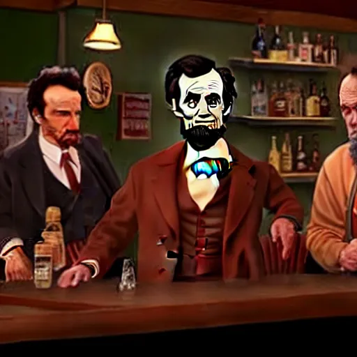 Image similar to The It's Always Sunny in Philadelphia episode where the gang meets Abe Lincoln Dee is there with Mac and so is Dennis they are at the bar, photo realistic, studio lighting