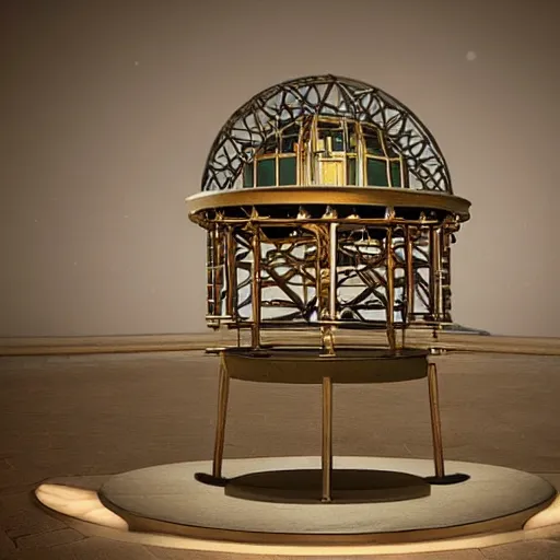 Image similar to ancient orrery monument that acts as a beacon of light between the earth and the stars