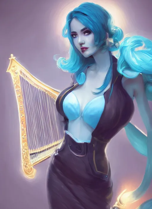 Image similar to sophisticated sona, from league of legends, with an harp, light blue hair, hyper detailed, digital art, trending in artstation, cinematic lighting, pawg, studio quality, smooth render, unreal engine 5 rendered, octane rendered, art style by klimt and nixeu and ian sprigger and wlop and krenz cushart