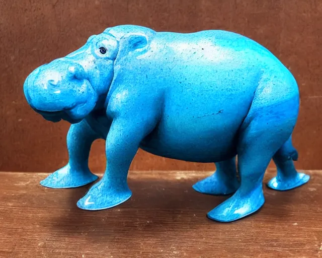 Image similar to small hippopotamus sculpture on a desk with bottom part and legs made out of wood and back and top part out of blue epoxy resin, side view centered