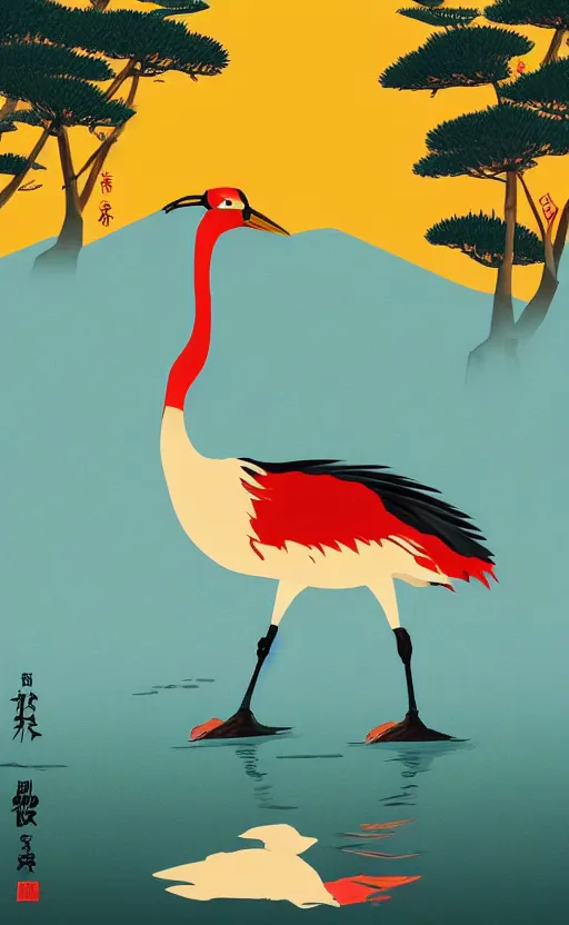 Prompt: hanafuda, portrait of huge japanese crane bird walking on a lake in the middle of japanese pines, a big red sun in the background, front game card, vector line art, trending on artstation, concept art, stunning, matte