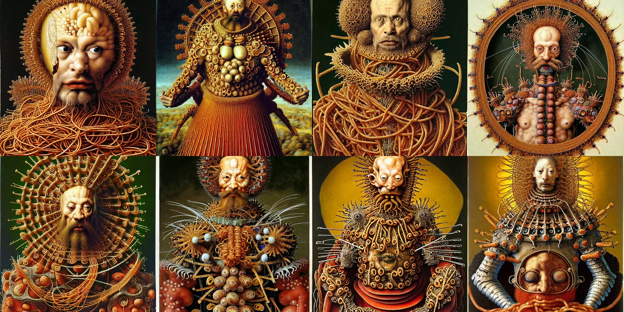 Prompt: full body image of a catholic priest wearing spagetthi fractals, spagetthi armor, ancient spaghetti warrior, highly detailed, by giuseppe arcimboldo and ambrosius benson, renaissance, romanticism, intricate and intense oil paint, a touch of beksinski and takato yamamoto, realistic