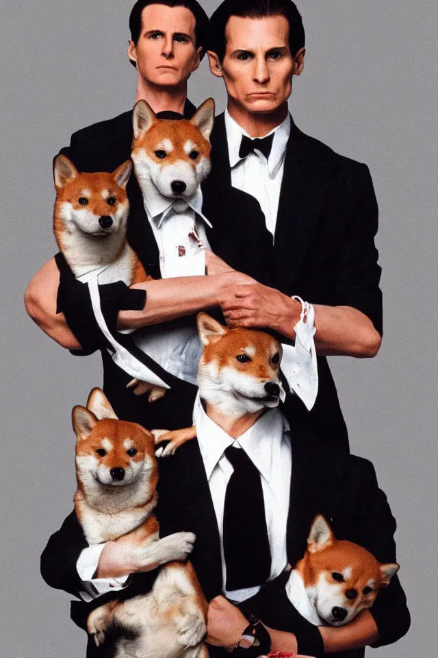 Image similar to a highly detailed portrait of patrick bateman from american psycho holding a shiba inu in his arms, hyperrealistic, highly detailed, 8 k, canon 2 4 mm f / 1. 4 lens,