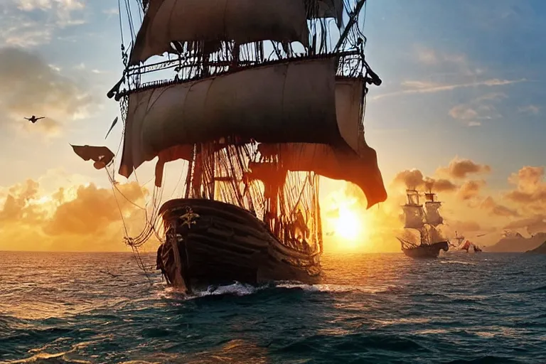 Image similar to captain jack sparrow sailing into the sunset on a pirate ship