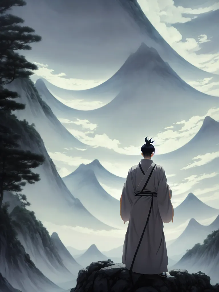 Prompt: the half body portrait of fuxi god in chinese mythology, long white hair, long white beard, atmospheric lighting, perfect shadow, portrait symmetry, wu geng period animation style, frontal lens, wearing a grey robe, in style of makoto shinkai, raphael lacoste, akihito tsukushi, peter mohrbacher, unreal engine, 4 k hd