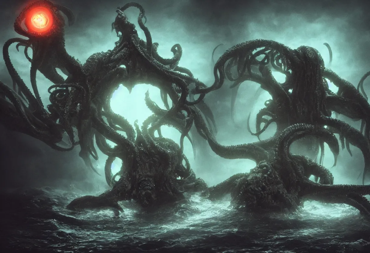 Prompt: concept art of cthulhu with glowing eyes emerging from the ocean, omnious old photo, cinematic lighting, apocalyptic, atmospheric, hyper realism, realistic, octane render, dramatic lighting, highly detailed, cinematic