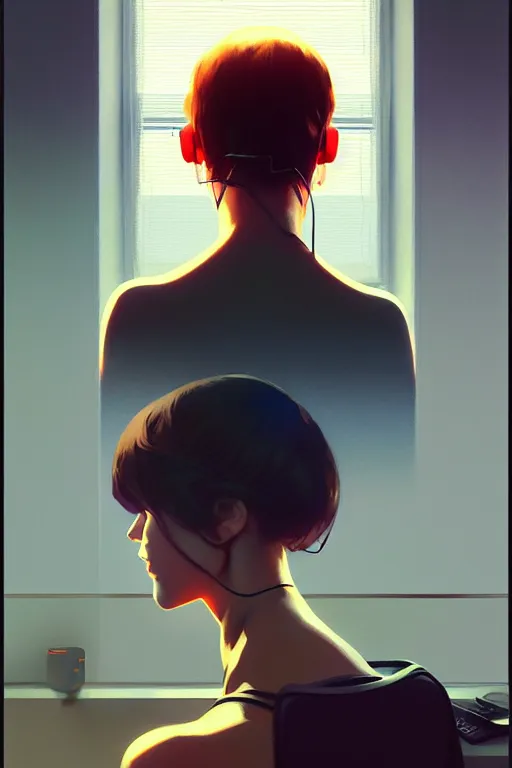 Prompt: photo of a creative coder trapped in wires from part of a monitor, realistic shaded lighting poster by ilya kuvshinov, magali villeneuve, artgerm, jeremy lipkin and michael garmash and rob rey