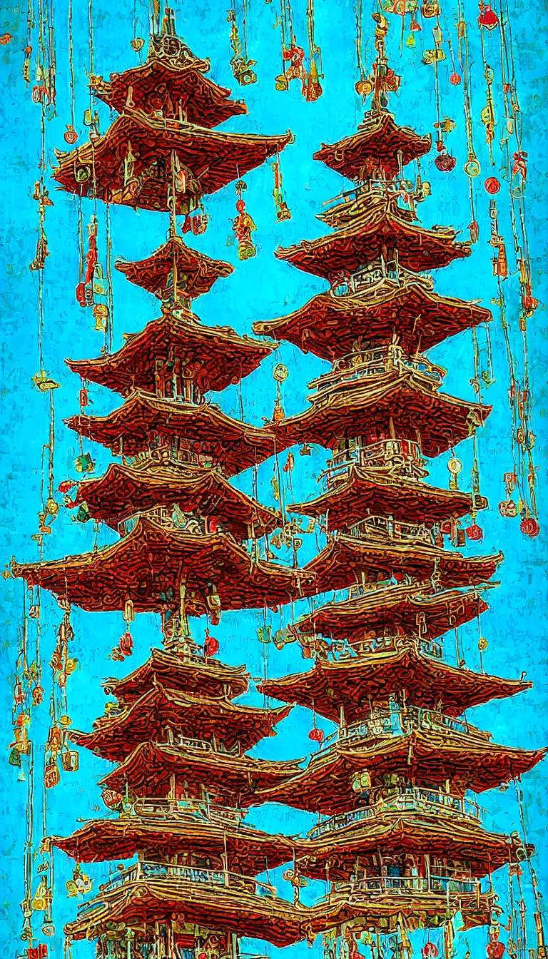 Prompt: pagoda with a lot of wind chimes, digital art