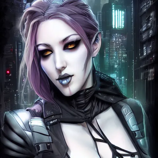 Image similar to A pale cyberpunk goth girl, cover by Artgerm