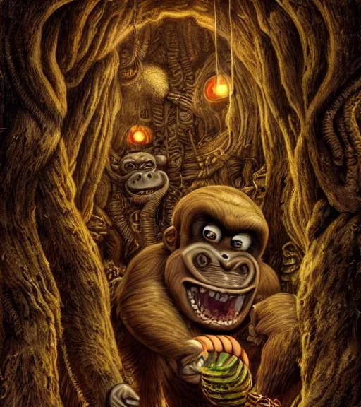 Prompt: lovecraftian donkey kong by wayne barlow, stanley donwood, anton semenov, zdzislaw bekinski, hr giger, 8 k, fantasy, dark, highly detailed