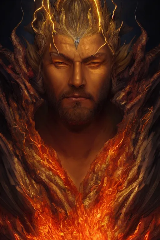 Prompt: fantasy character concept portrait, digital painting, wallpaper of a god with volcanic skin, with veins of obsidian gold and flame, renaissance nimbus overhead, by aleksi briclot, by laura zalenga, by alexander holllow fedosav, 8 k dop dof hdr, vibrant