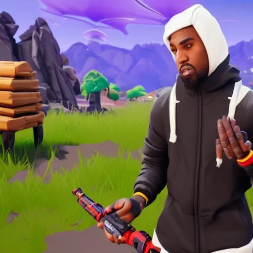 Prompt: streamer XQC playing with the new kanye west skin in fortnite gameplay, full hd 60 fps