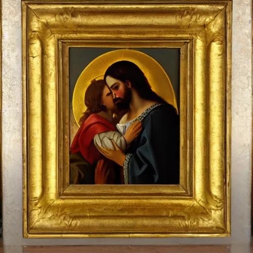 Image similar to 1 8 th oil panting of a jesus kissing with maria maddalena