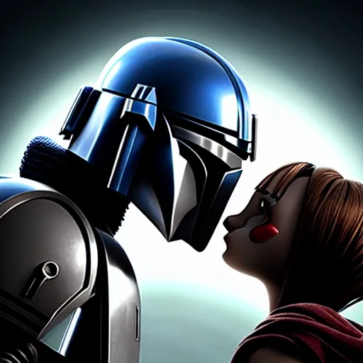 Image similar to mando from mandalorian kissing peter griffing from family guy ultra realistic, lens flare, atmosphere, glow, detailed, intricate, full of colour, cinematic lighting, trending on artstation, 4 k, hyperrealistic, focused, extreme details, unreal engine 5, cinematic, masterpiece, ultra realistic, hyper realistic, highly detailed, sharp focus, digital art