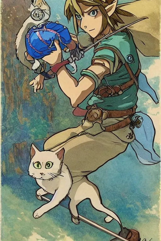 Image similar to link from The Legend of Zelda: Breath of the wild playing with a cat by studio ghibli and mucha