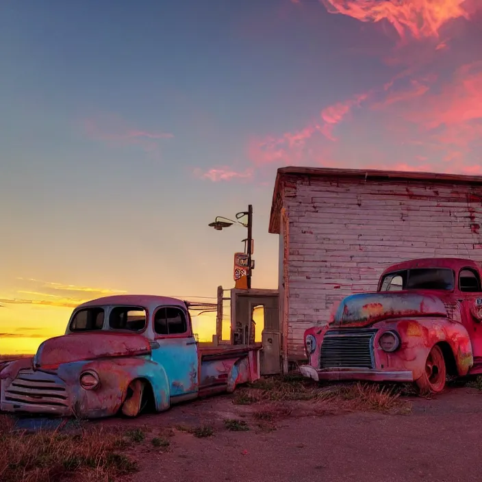 Image similar to a sunset light landscape with historical route 6 6, lots of sparkling details and sun ray ’ s, blinding backlight, smoke, volumetric lighting, colorful, octane, 3 5 mm, abandoned gas station, old rusty pickup - truck, beautiful epic colored reflections, very colorful heavenly, softlight