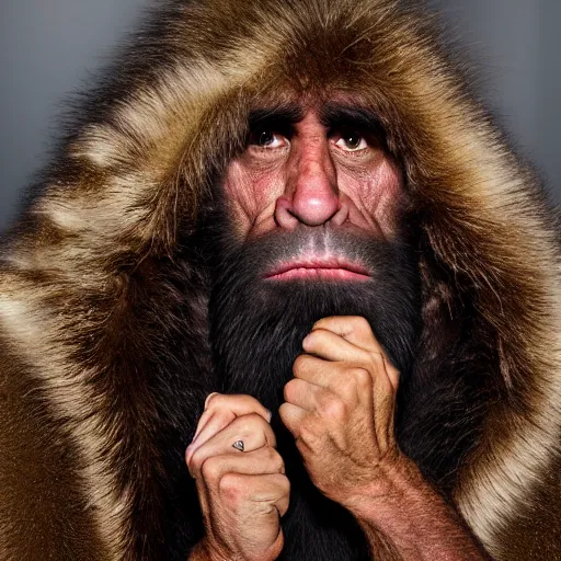 Image similar to Photo portrait Joe Rogan as a wax neanderthal cave man exaggerated brow wrapped in fur cloak screaming like a ape in the natural history museum background dramatic lighting 85mm lens by Steve McCurry