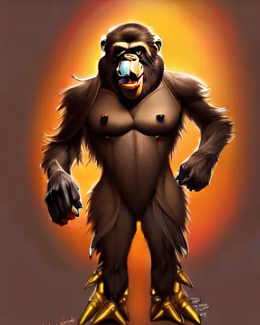 Image similar to don bluth, loish, artgerm, joshua middleton, steampunk, clockpunk anthropomorphic gorilla, brown suit, smiling, symmetrical eyes symmetrical face, colorful animation forest background