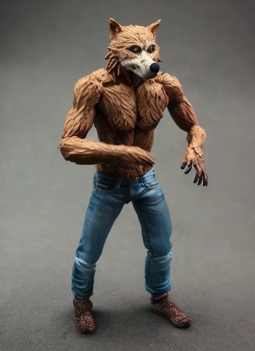 Image similar to teenage werewolf, action figure of teenage werewolf figurine, realistic face, detailed product photo