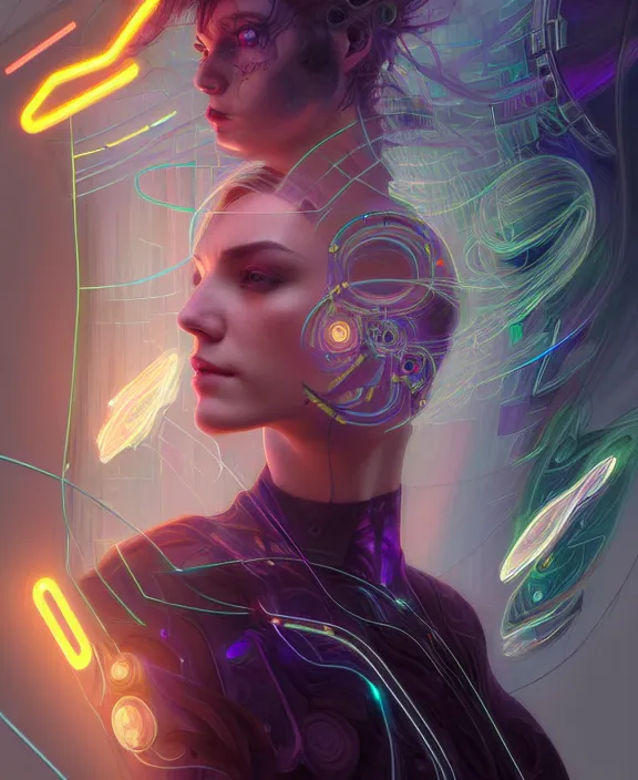 Image similar to a whirlwind of souls rushing inside the metaverse, hologram, half body, neurochip, shaved temple, piercing, jewelry, android, cyborg, cyberpunk face, by loish, d & d, fantasy, intricate, elegant, highly detailed, colorful, digital painting, artstation, concept art, art by artgerm and greg rutkowski and alphonse mucha