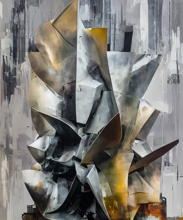 Prompt: acrylic and spraypaint portrait of origami architecture, frank gehry architecture, art nouveau, final fantasy, classical sculpture, maximalism, large triangular shapes, painting by totem 2, ashley wood, jeremy mann, masterpiece