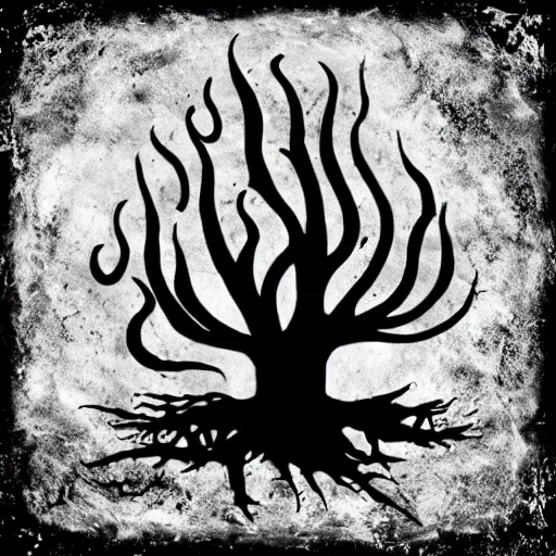 Image similar to black metal band logo, unreadable text, metal font, looks like a tree silhouette, horizontal