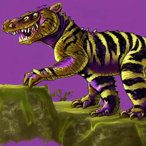 Image similar to violet crocodile tiger hybrid monster, fantasy game art, fantasy rpg, league of legends