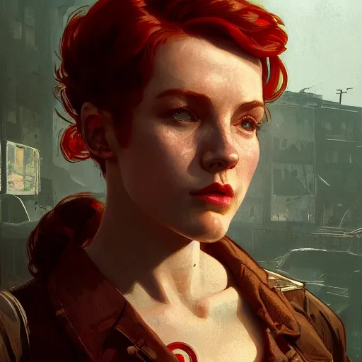 Image similar to Half portrait of a young woman with red hair as a character in Fallout 4 walking in Boston City, gorgeous, beautiful, intricate, highly detailed, digital painting, artstation, oppressive lighting, concept art, sharp focus, illustration, art by greg rutkowski and alphonse mucha