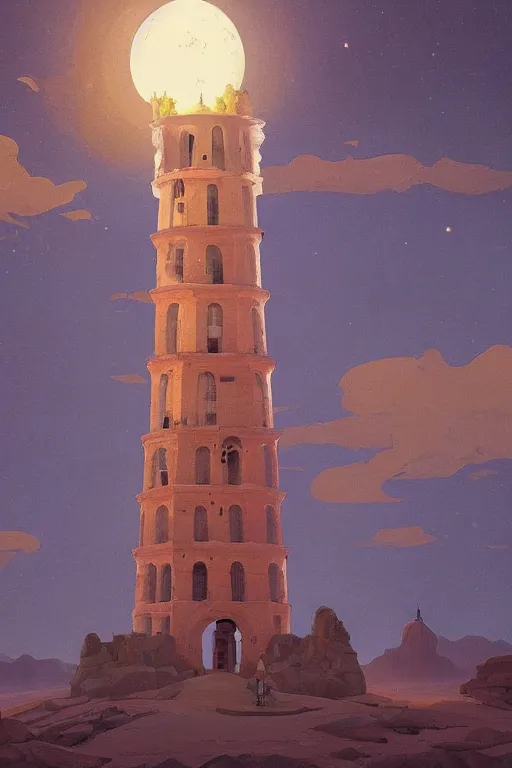 Prompt: glorious painted tower of the moon, by Sylvain Sarrailh and Ludwig Deutsch and Nicholas Roerich, dramatic cinematic lighting , beautiful colorful tilework, ornate architecture, smooth, sharp focus, extremely detailed