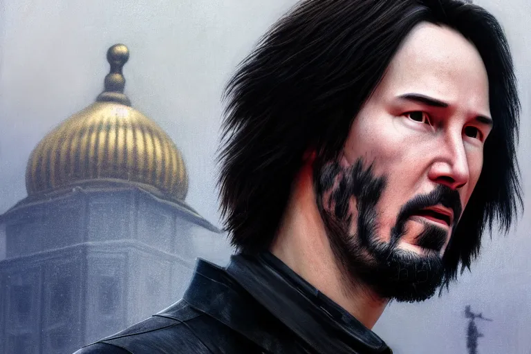 Prompt: cybernetic Keanu Reeves, outside kremlin, close up, mechanical body, artstation, fantasy, intricate, beautiful, cinematic, octane render, arnold render, 8k, hyperrealism, detailed, sharp focus, 4k uhd, masterpiece, award winning, painting by Ivan Aivazovsky and Greg Rutkowski