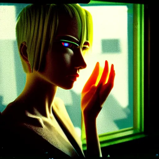 Prompt: worried, beautiful android looks out at you through the window in a dirty abandoned factory, short spiky blonde hair, cyberpunk outfit, kodachrome