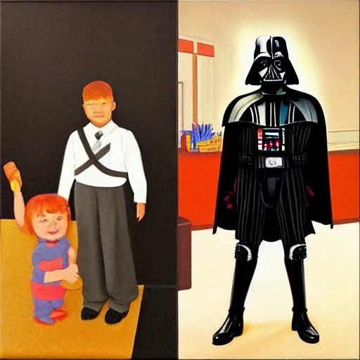 Prompt: darth vader is a kindergarten teacher, normal rockwell painting, grant wood painting