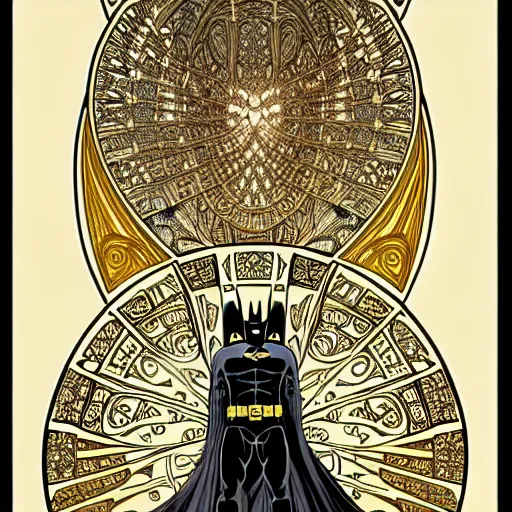 Image similar to batman, intricate, elegant, highly detailed, gold linework digital painting, smooth, sharp focus, illustration, art by alphonse mucha