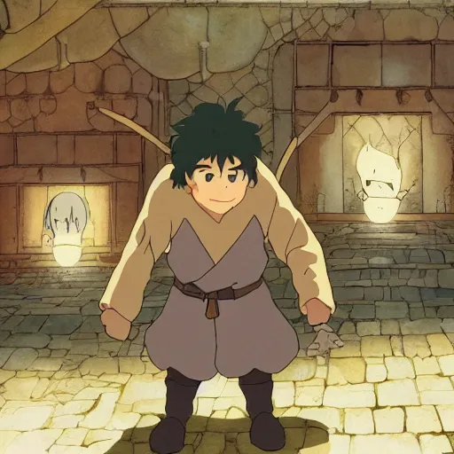 Prompt: a man holds a torch and explores a Dungeon, luminous, studio ghibli