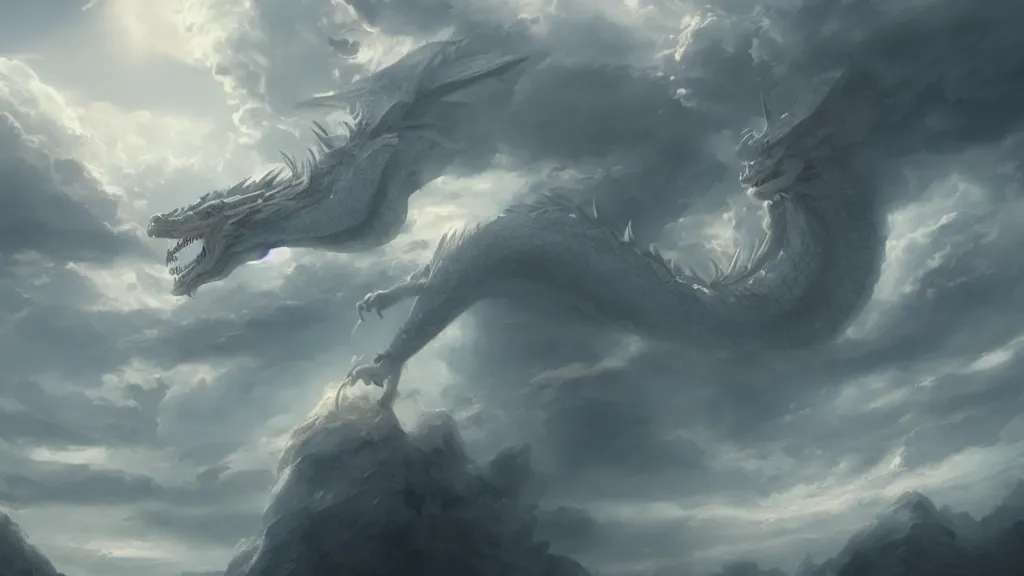 Prompt: A dragon made of clouds, concept art, matte painting, 8k, highly detailed, artstation, fluffy clouds