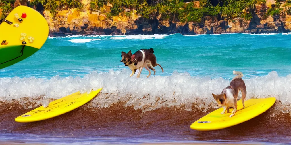 Image similar to chihuahua surfing tropical background waves focus photography 4k hyper realism surreal sunny beach