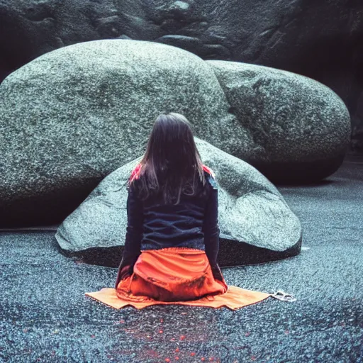 Image similar to Woman sitting under a ginormous rock overhead, partially cupping her hands, gesturing it outward!!!!! to the camera!!!!!, in a rainy environment, fisheye!!!!! lens!!!!!, rainy and wet atmosphere, closeup, dark and grim lighting, trending on artstation, 4k, 8k