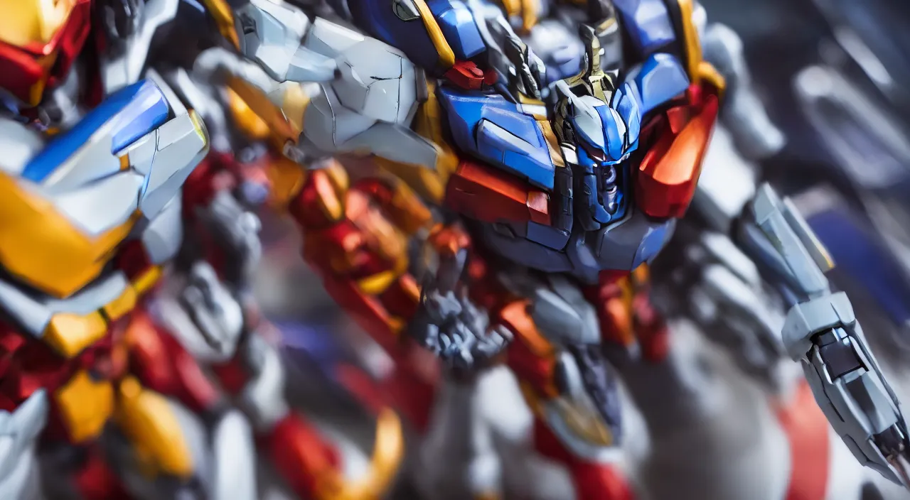 Image similar to medium close up view, Gundam,Guyver,colourful,bokeh,blur,cinematic lighting