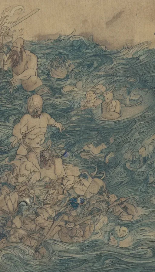 Image similar to man on boat crossing a body of water in hell with creatures in the water, sea of souls, by qian xuan