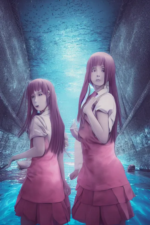 Image similar to 3d realistic dramatic infrared photo of two anime schoolgirls with a realistic face falling down from huge japanese bridge in a dark subway station under water in Japan. Close-up portrait. There are pink palm trees and translucent glow jellyfish flying around. Volumetric composition. Pastel colors in the style of Hiro Kiyohara, redshift, octane, trend artstation, cinematic, hyper realism, high detail, 8k