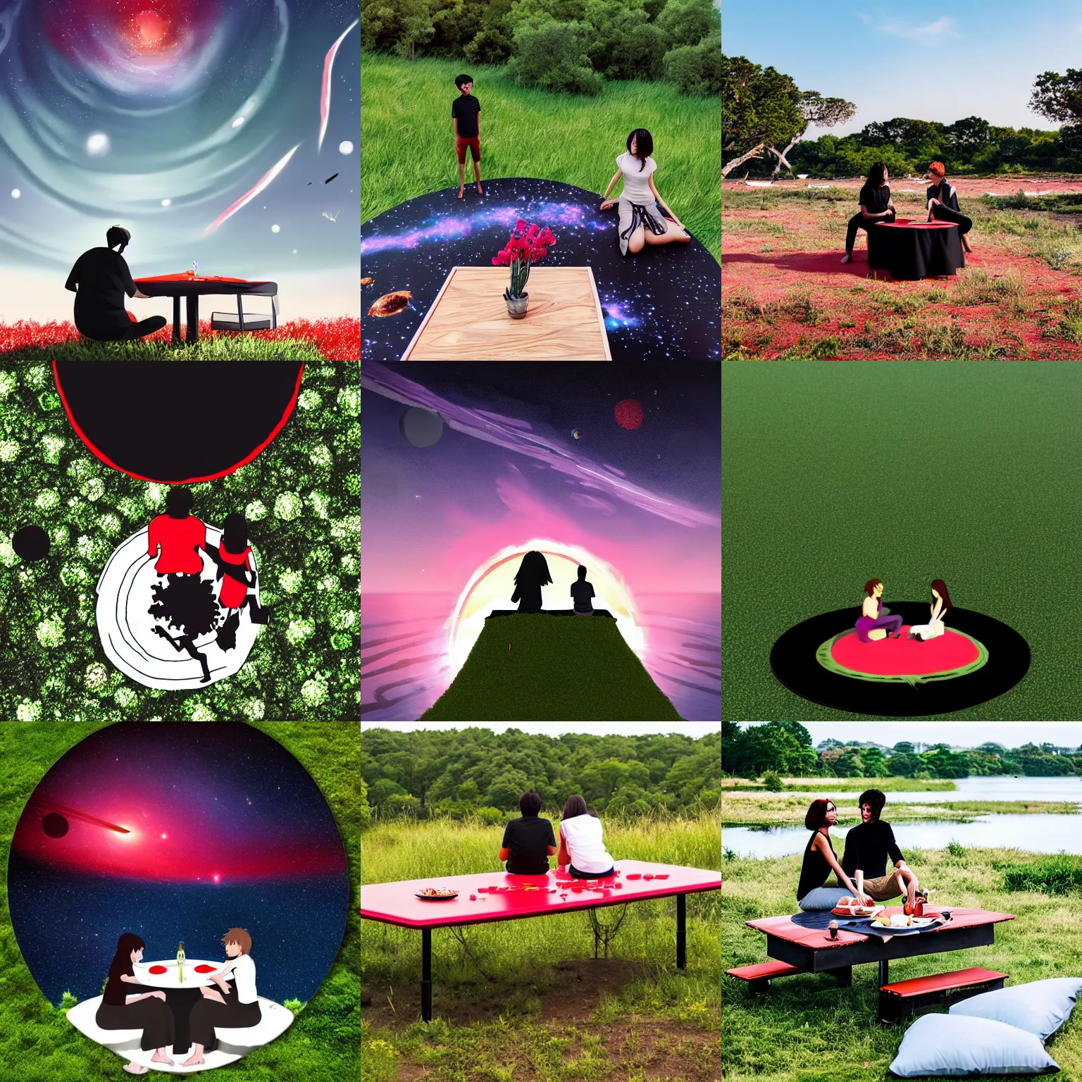 Prompt: black vibrant style two people stuck on a very tiny floating island overlooking a black hole after the destruction of earth space nebula stars makoto shinkai ecretion disc picnic table red and white table cloth short grass