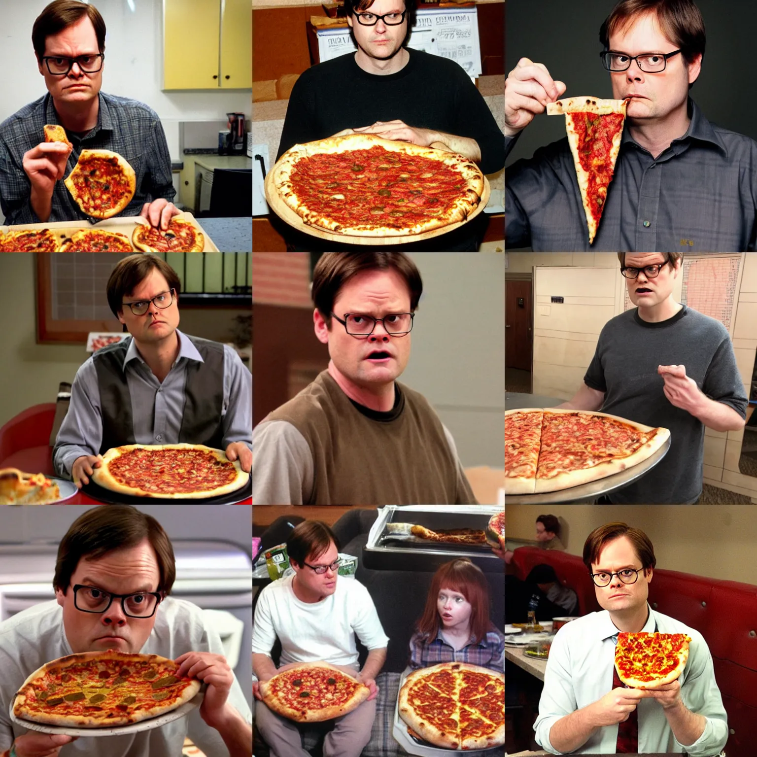 Prompt: Dwight Schrute eating pizza