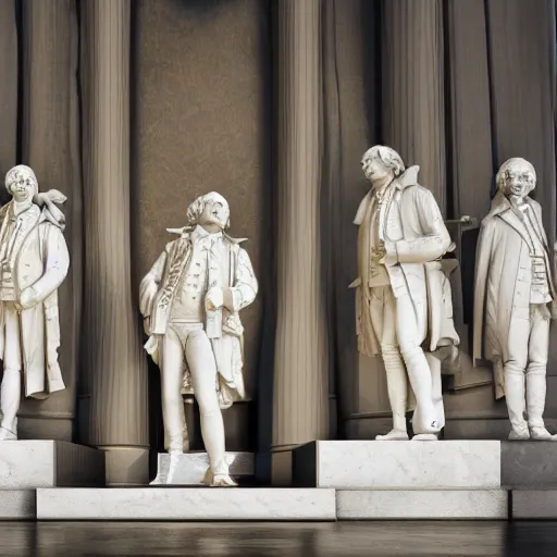 Image similar to mozart and beethoven and bach and liszt all standing next to each other, they're all statues, octane render, 8 k, highly detailed, hyper - realistic.